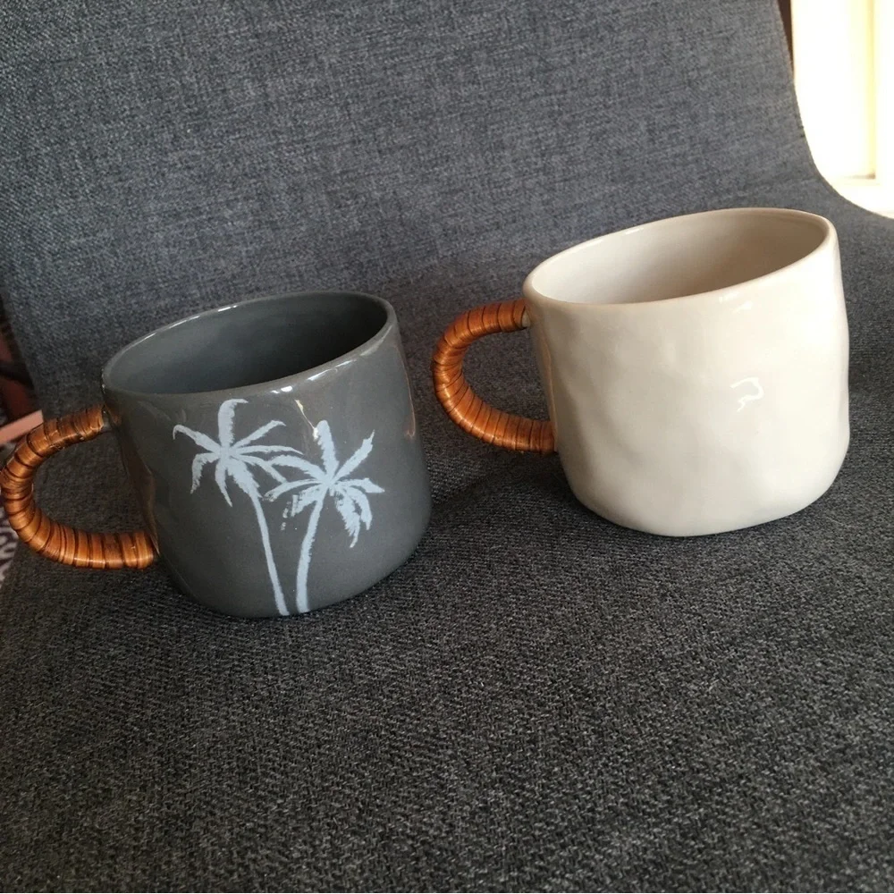 HOST PICK! Set/2 Palm Trees Coffee Mugs, Gray, Ivory, 8 oz